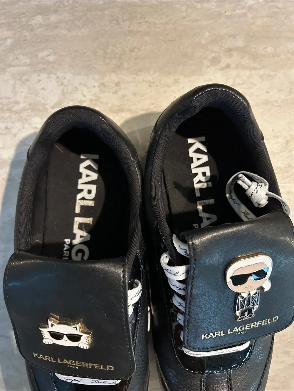 Karl Lagerfeld Women’s Black Sneakers with Gold Cat and Red Heart Charms
